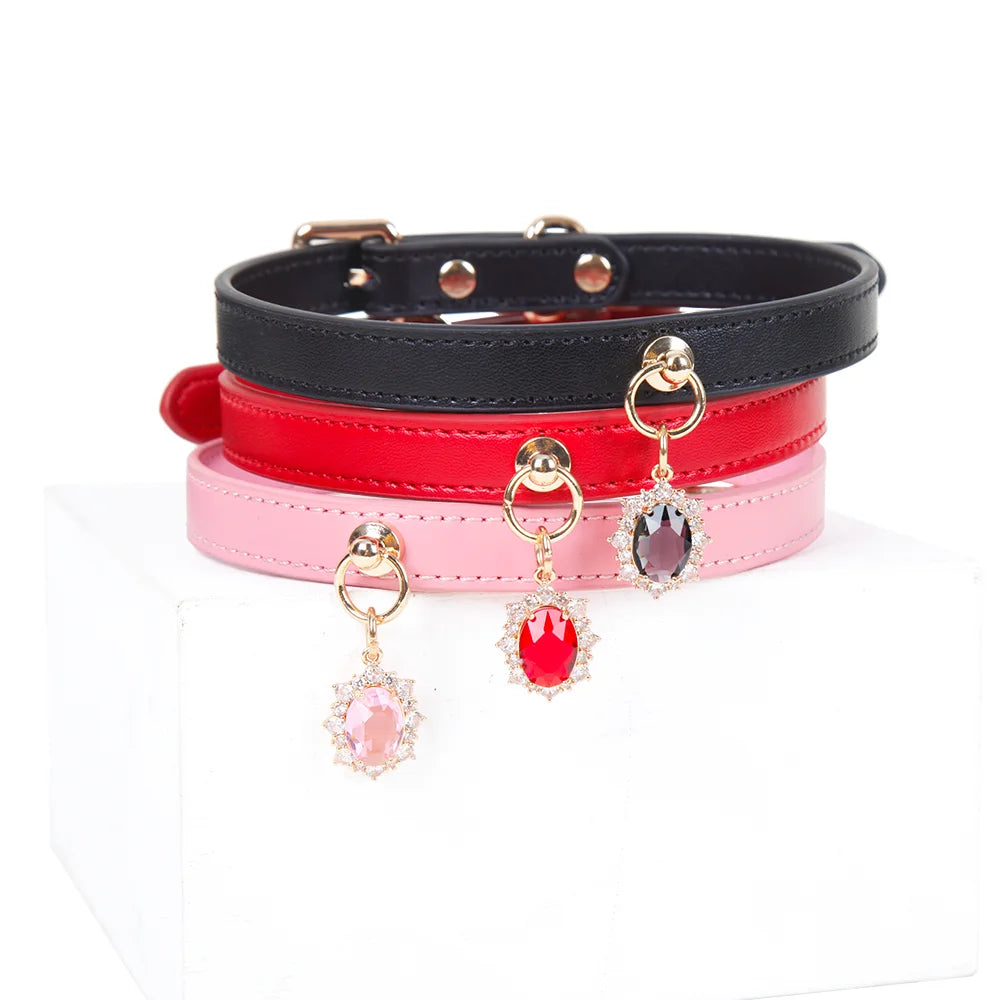 Elegant Gem Pendant Leather BDSM Collars