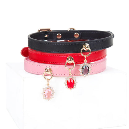 Elegant Gem Pendant Leather BDSM Collars