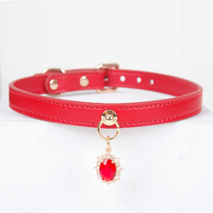 Elegant Gem Pendant Leather BDSM Collars