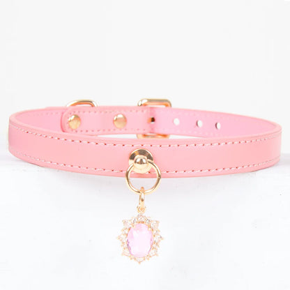 Elegant Gem Pendant Leather BDSM Collars